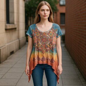 Vintage Y2K Colorful Blue Yellow Short Sleeve Asymmetrical Hem Bohemian Top